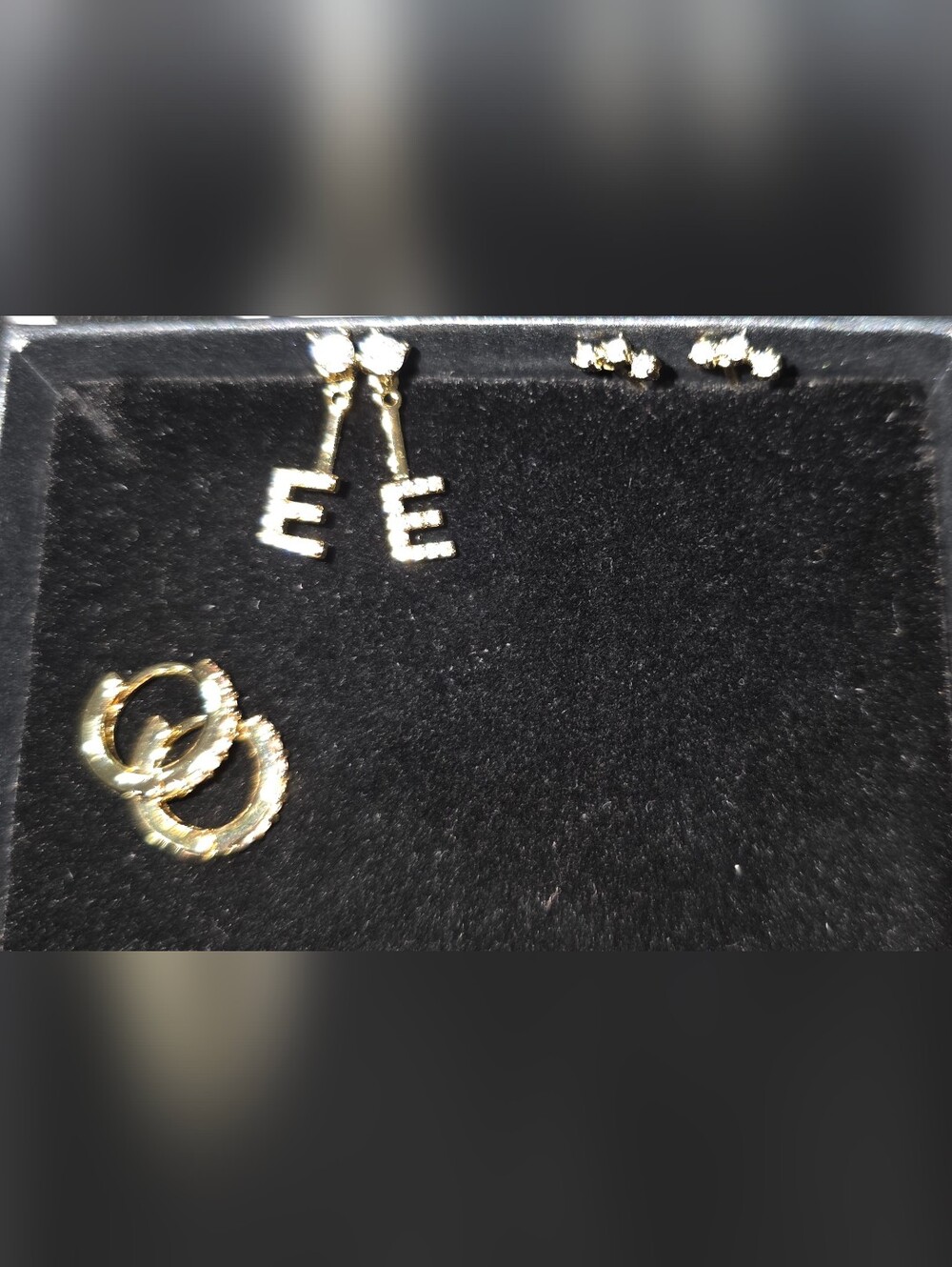 Crystal And Gold Tone Earrings - Letter E Drop Back, Studs, And Gold Hoops